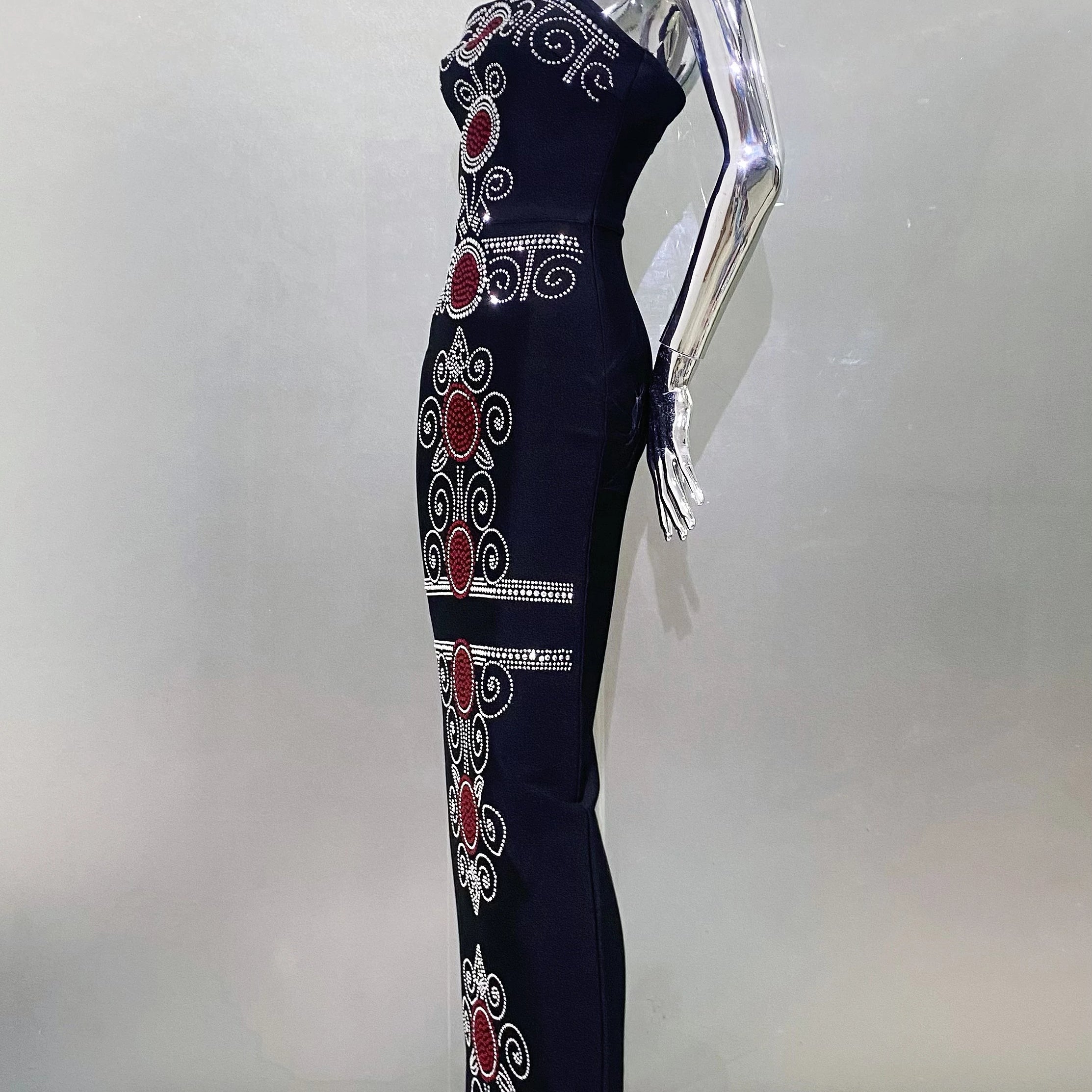 Top Women Sexy Strapless Colorful Rhinestones Bodycon Bandage Long Dress Celebrate Evening Party Birthday Outfit Vestido