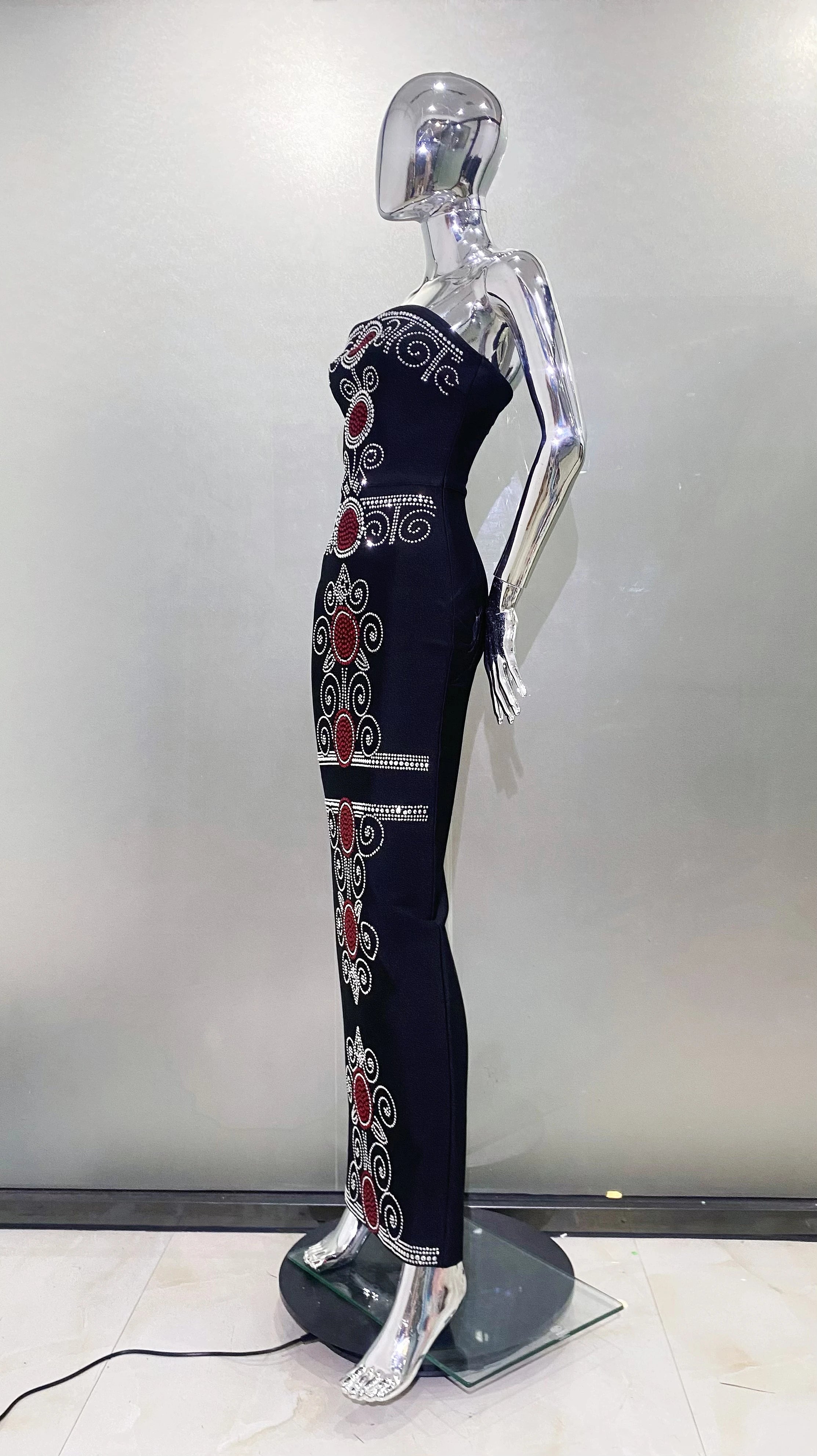 Top Women Sexy Strapless Colorful Rhinestones Bodycon Bandage Long Dress Celebrate Evening Party Birthday Outfit Vestido