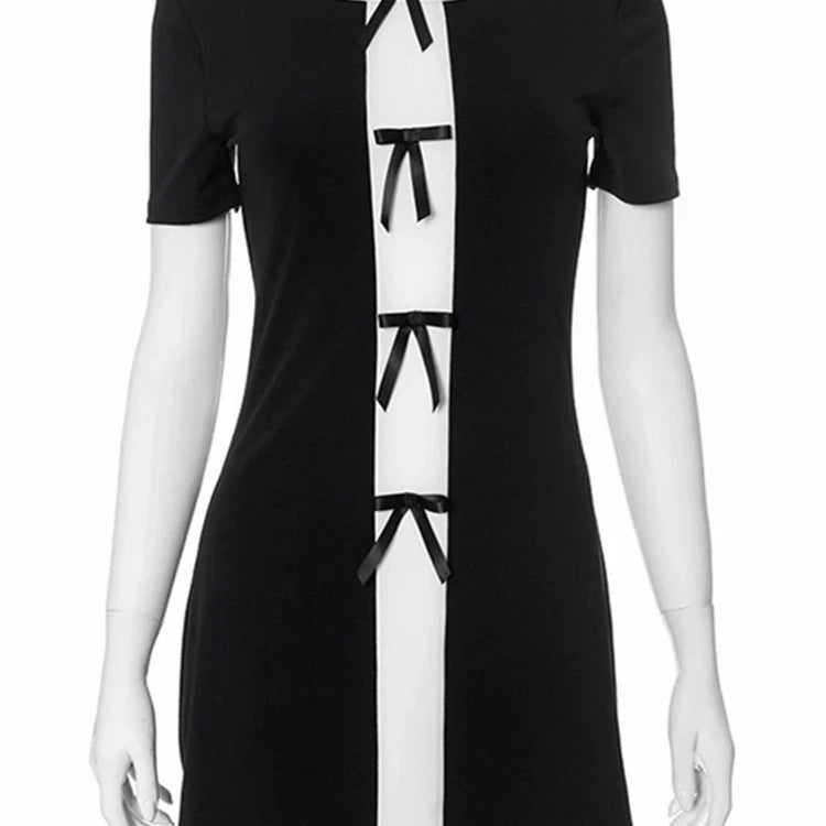 Vhiuat Bow Patchwork Fashion Short Sleeve O Neck Bodycon Mini Dress Women Streetwear Summer Elegant Sexy Dresses Club Party