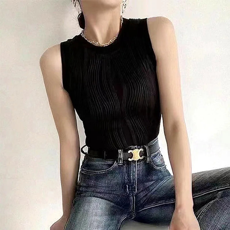 Summer Chic Knitted Vest for Women Fashion Summer Elastic Slim White Tank Top Female Basic Sleeveless Top Women's Clothing black One Size