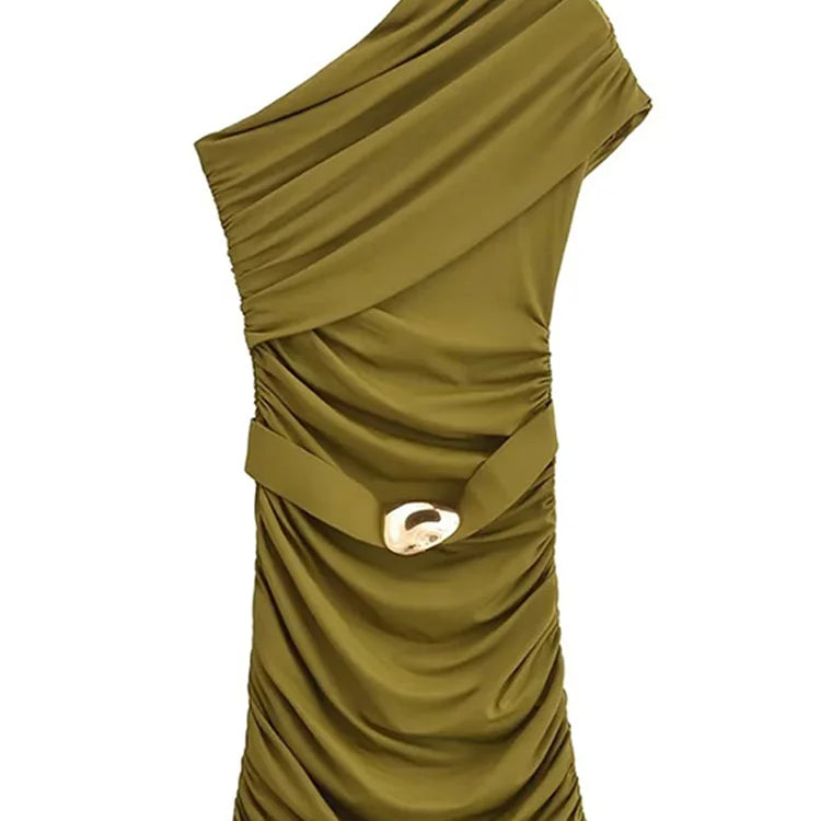 Sexy One-shoulder Pleat Short Dress Women Solid Skew-collar Metal Button Hip-package Dresses 2025 Summer Party Club Vestidos