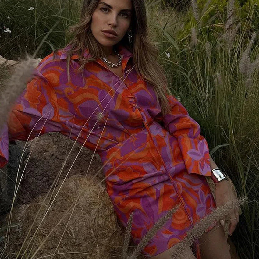 Clacive Fashion Loose Print 2 Piece Sets Women Outfit Elegant Long Sleeve Shirt With High Waist Mini Skirts Set Streetwear