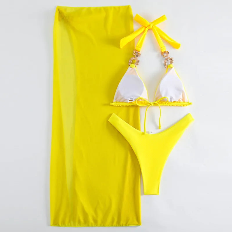 Yellow Sexy Rhinestones Bikinis Women Swimwear Female Swimsuit Swimming Bathing Suits Brazilian Bikini Set Beachwear Bather
