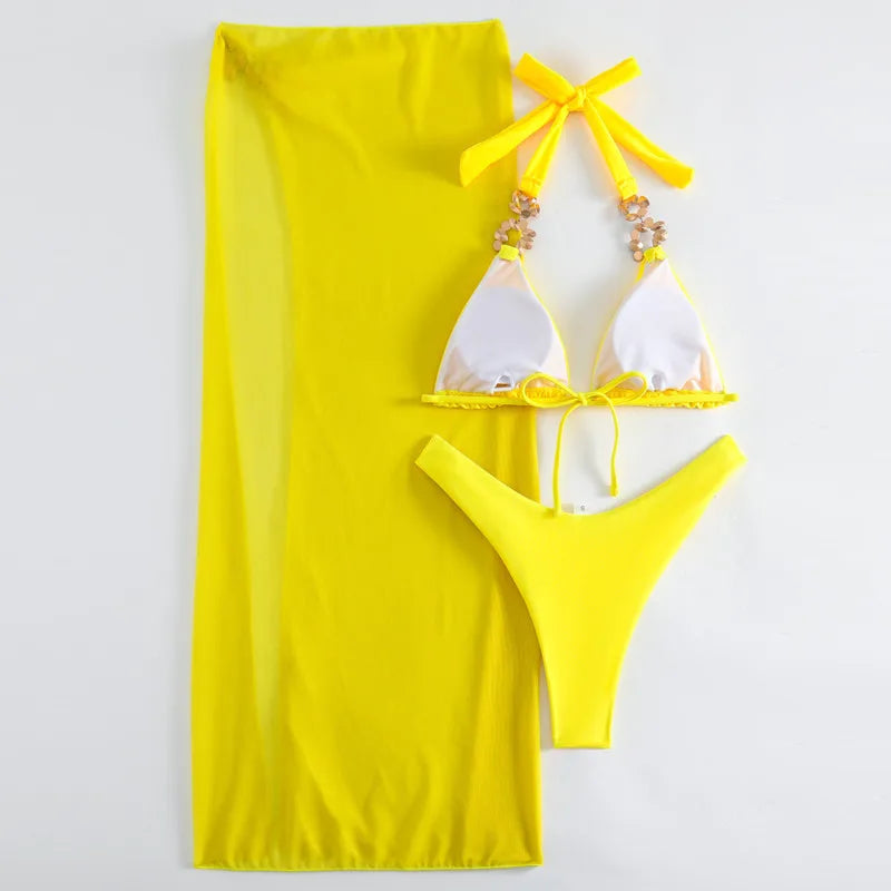 Yellow Sexy Rhinestones Bikinis Women Swimwear Female Swimsuit Swimming Bathing Suits Brazilian Bikini Set Beachwear Bather