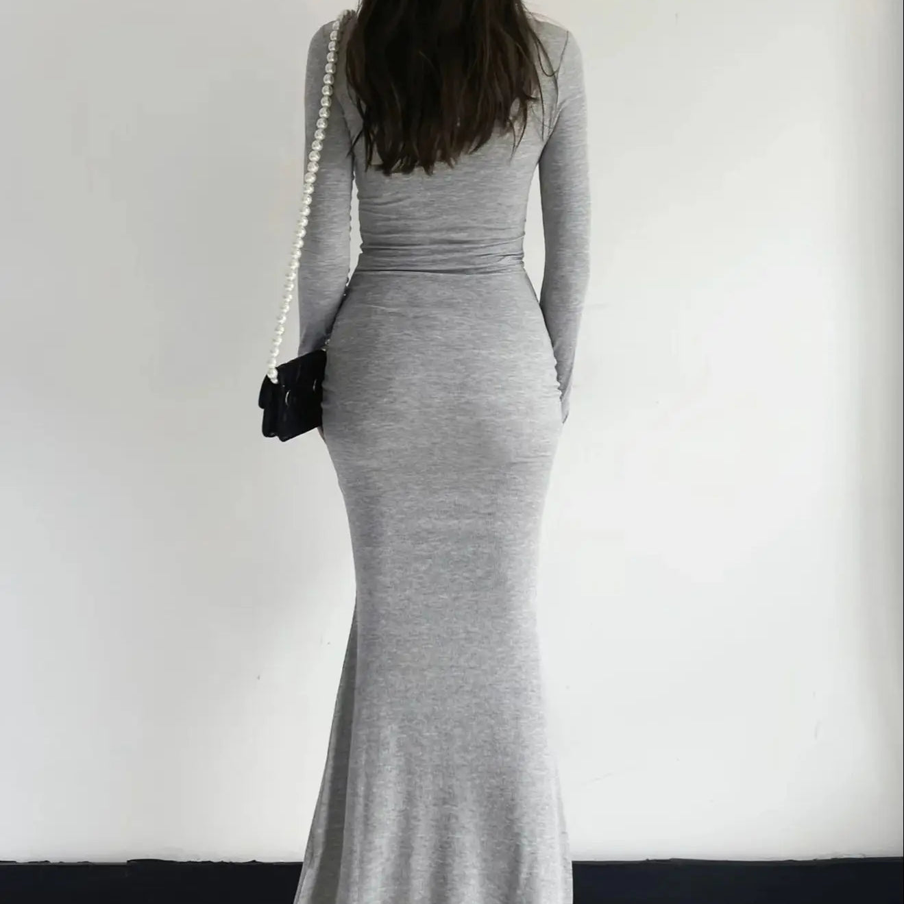 Sexy Square Collar Knitted Cotton Maxi Long Mermaid Dress Women Full Sleeve Stretch Basic Bodycon Fishtail Robe Vestido