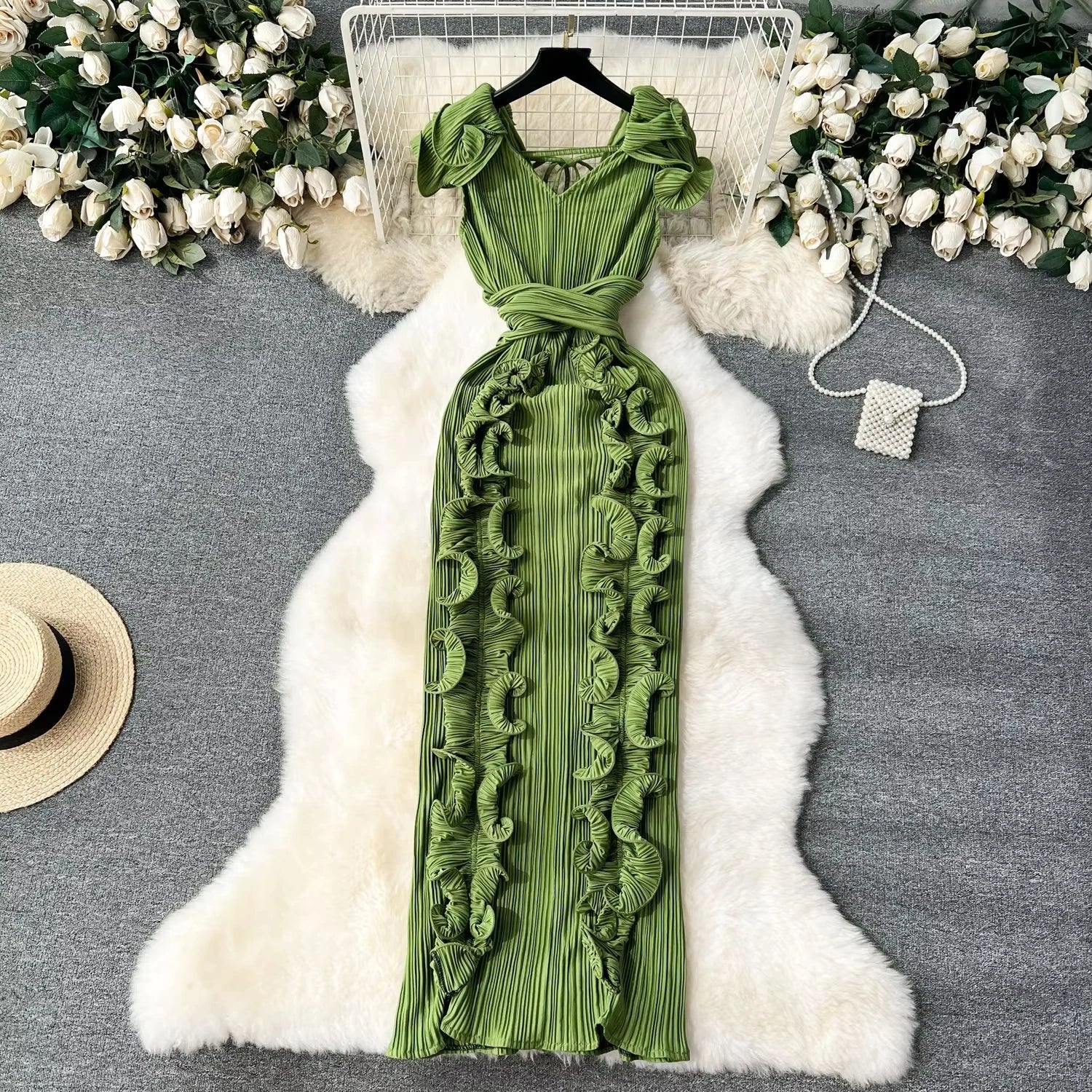 CM.YAYA Women Ruffles Splicing V-neck Sleeveless Bodycon Midi Pleated Maxi Long Dress 2025 Birthday Sexy Club Party Even Dresses Green One Size