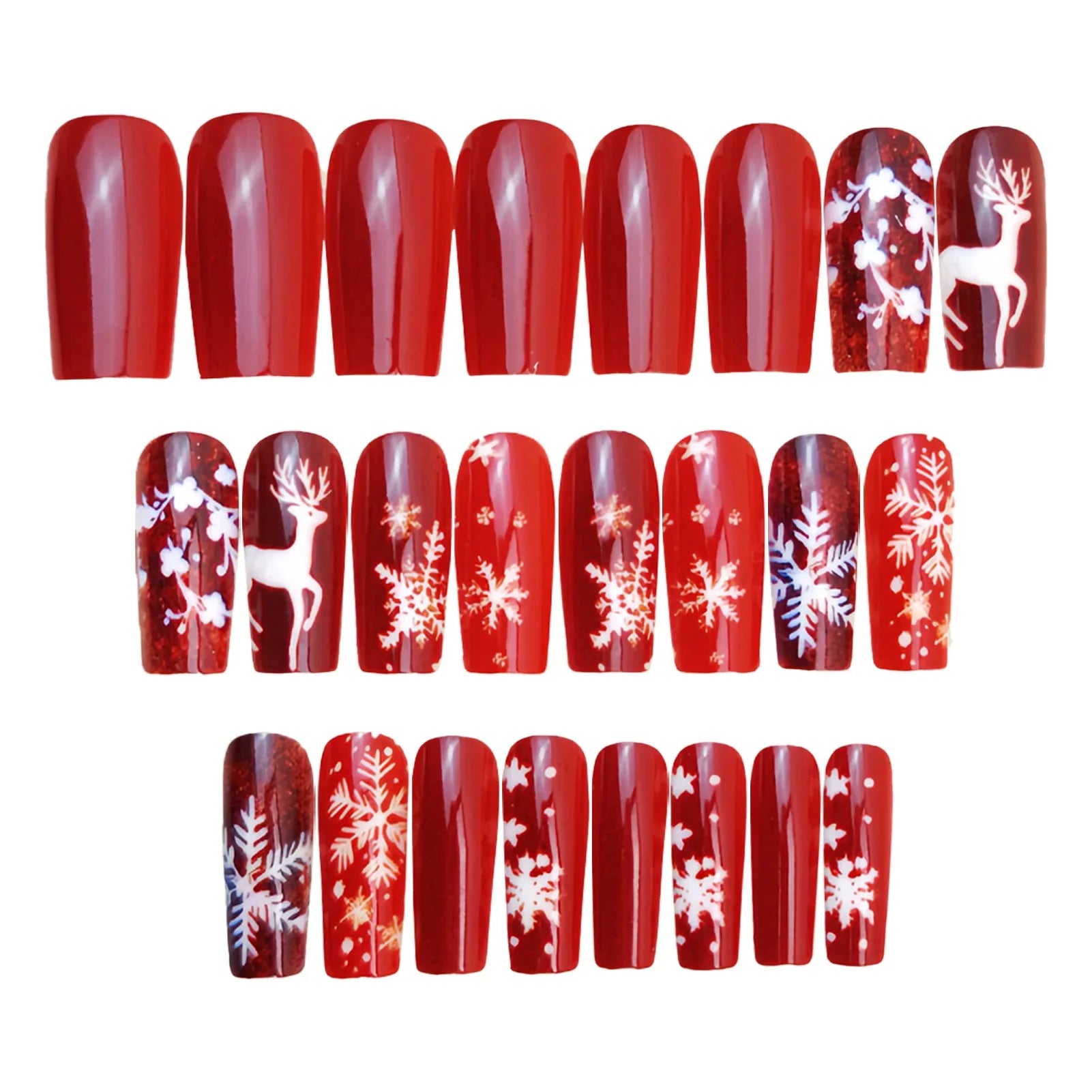 Christmas Red Fake Nails for Women Girls Charm Manicure Medium-length Coffin Press On Nails White Snowflake/Deer Printed 24Pcs