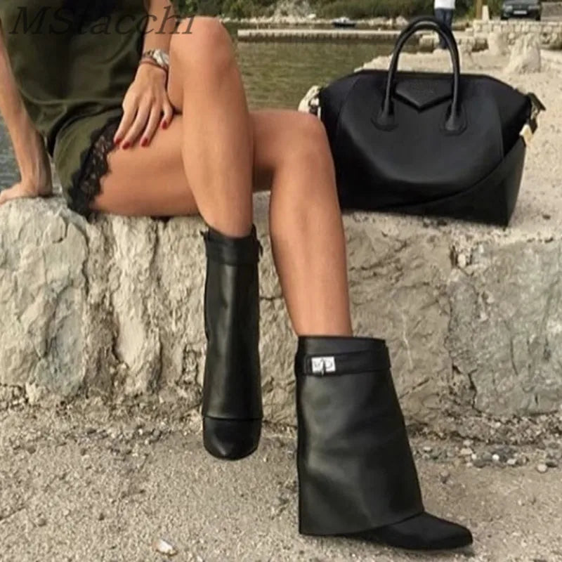 Shark Lock Women Boots Brand Design Genuine Leather Slip-on Knee High Boots For Woman Motorcycle Botas Mujer Fashion Wedge Shoes