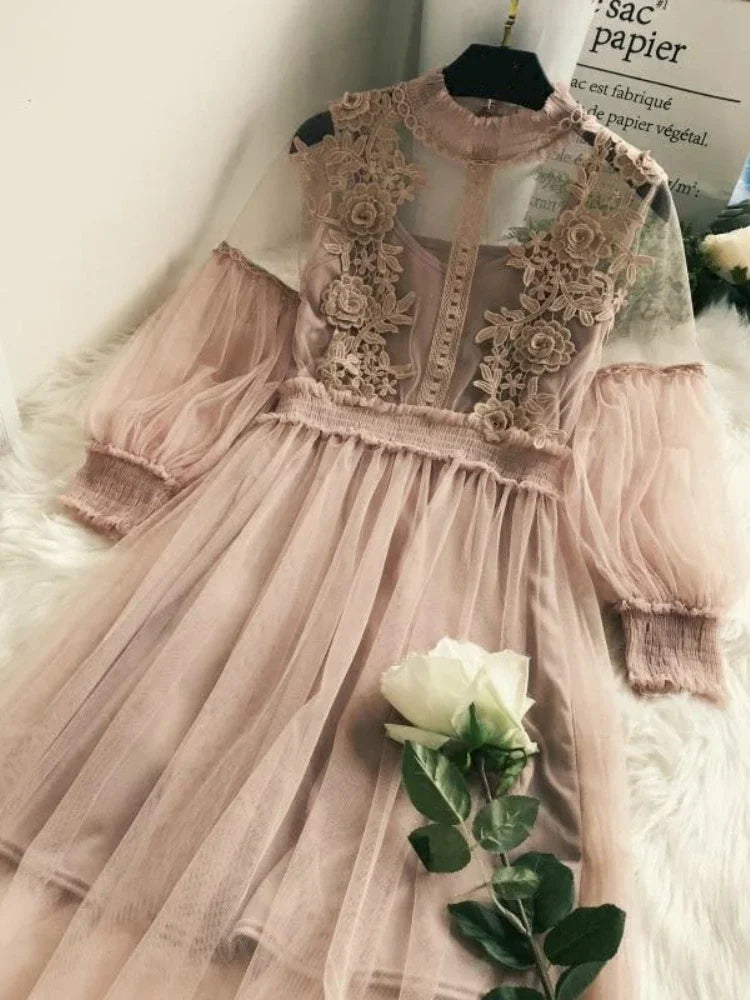 Women Party Lace Flower Dress Gauze Lantern Sleeve Voile Long Dress Female Retro Hook Princess Dress 2 Piece Set