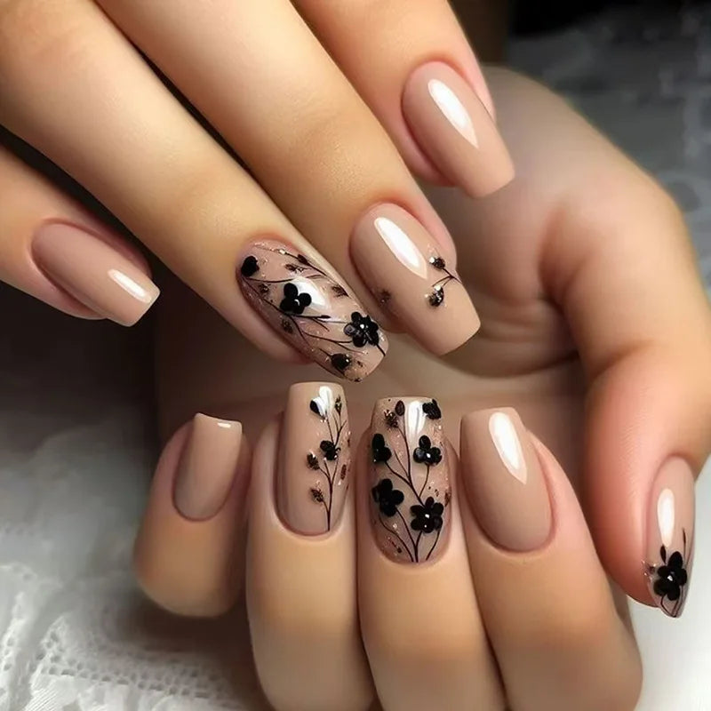 24Pcs Fashion Fake Nails Press on Long Ballet False Nails Art with Flower Design Brown Detachable Full Cover Nail Tips Manicure
