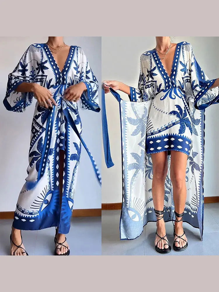 Vintage Bule Print Lace Up Midi Dress Women V Neck Half Sleeve High Waist Vestidos Spring Summer Casual Beach Robes Female