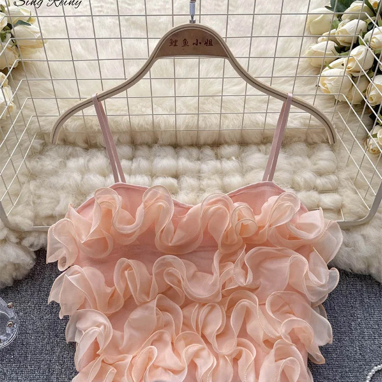 SINGREINY French Style Sheath Solid Sexy Camisole Female 3D Flowers Elastic Tops Ladies Holiday Short Sweet Streetwear Camis light pink One Size