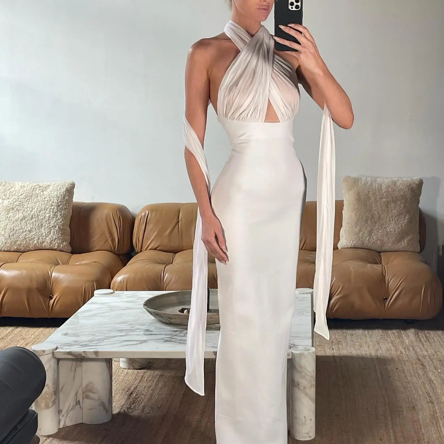 Long Ribbon Sexy V-Neck Sleeveless Halter White Mini Ankle length Woman Birthday Party Dress Celebrity Evening Party Outfit
