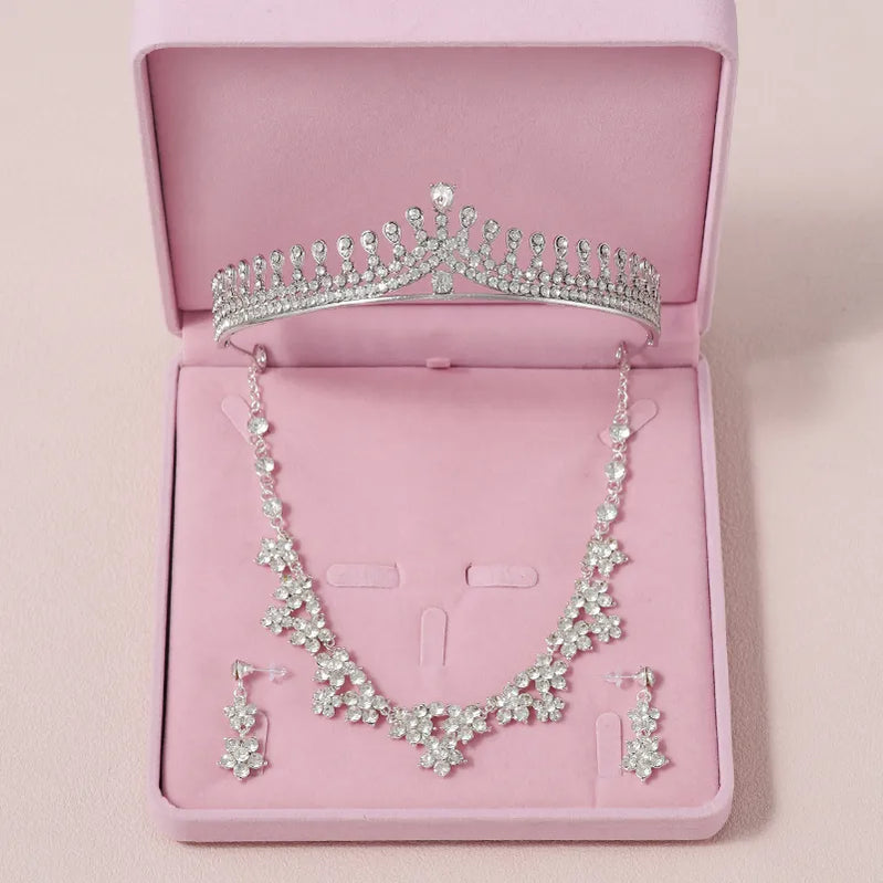 Bridal Jewelry Sets Crown Necklace Earrings Four Pack Silver Colour Women's Fashion Wedding Tiaras TS-0062-B-XL-0011-A Tiaras