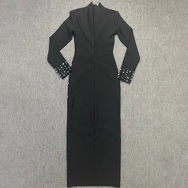 Black White Color Women Long Sleeve Shinning Rhinestones Bodycon Long Bandage Dress Evening Party Celebrate Outfit Vestido