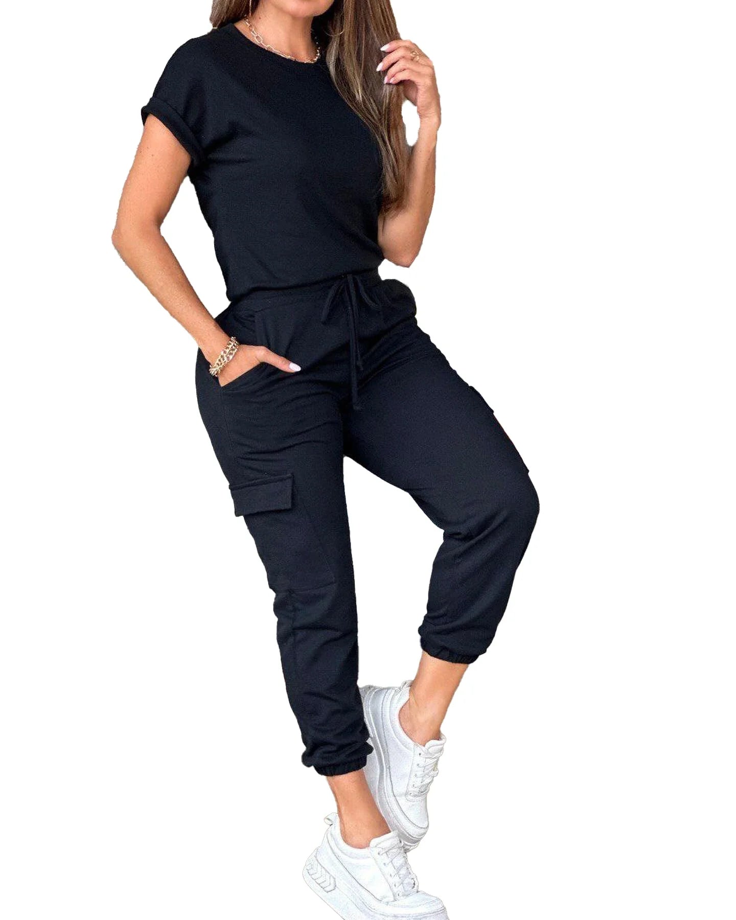 spring and summer new solid color overalls urban jogger sports suit black