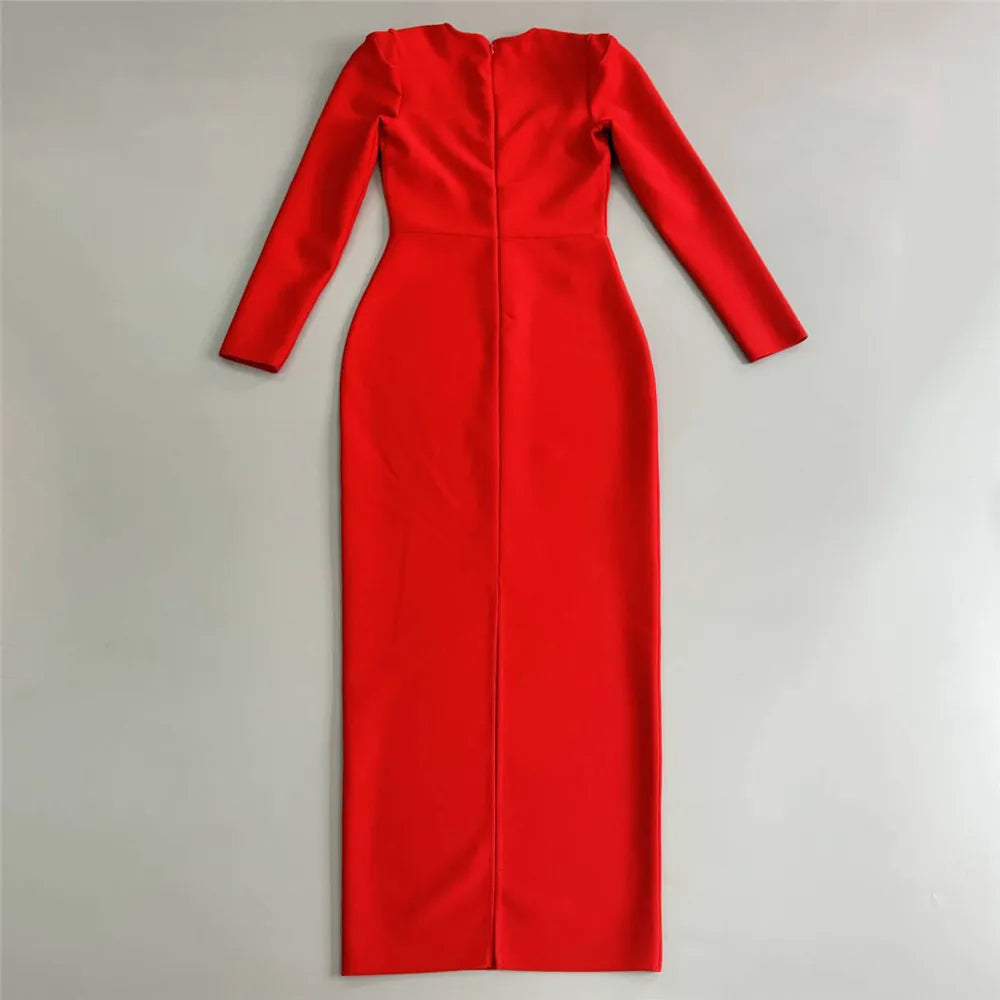 Red Color Women Long Sleeve Square Collar Shinning Crystal Bodycon Long Bandage Dress Celebrate Nightclub Party Outfit