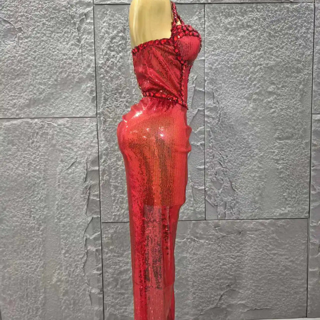 Red Color Women Sexy Off the Shoulder Shinning Crystal 2 Pieces Bodycon Long Dress Celebrate Birthday Party Nigtclub Outfit