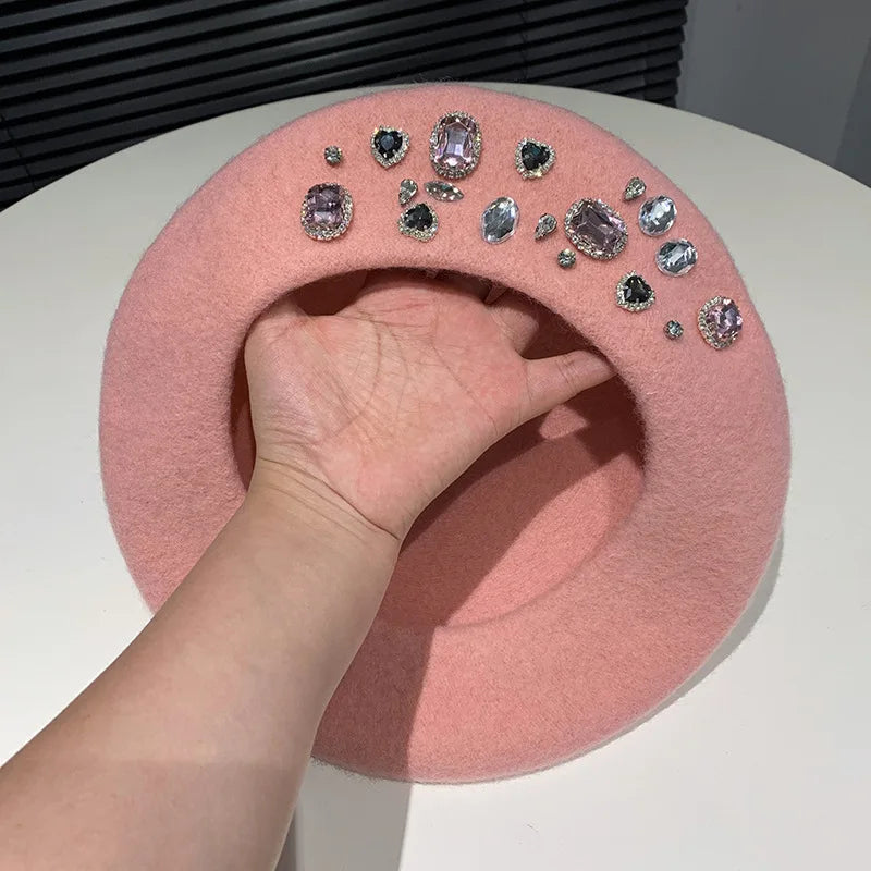 Berets Women Hat Brimless Stretchy Comfortable Rhinestone Y2K Cap Autumn Female Flat Color Cotton 1 56-58cm