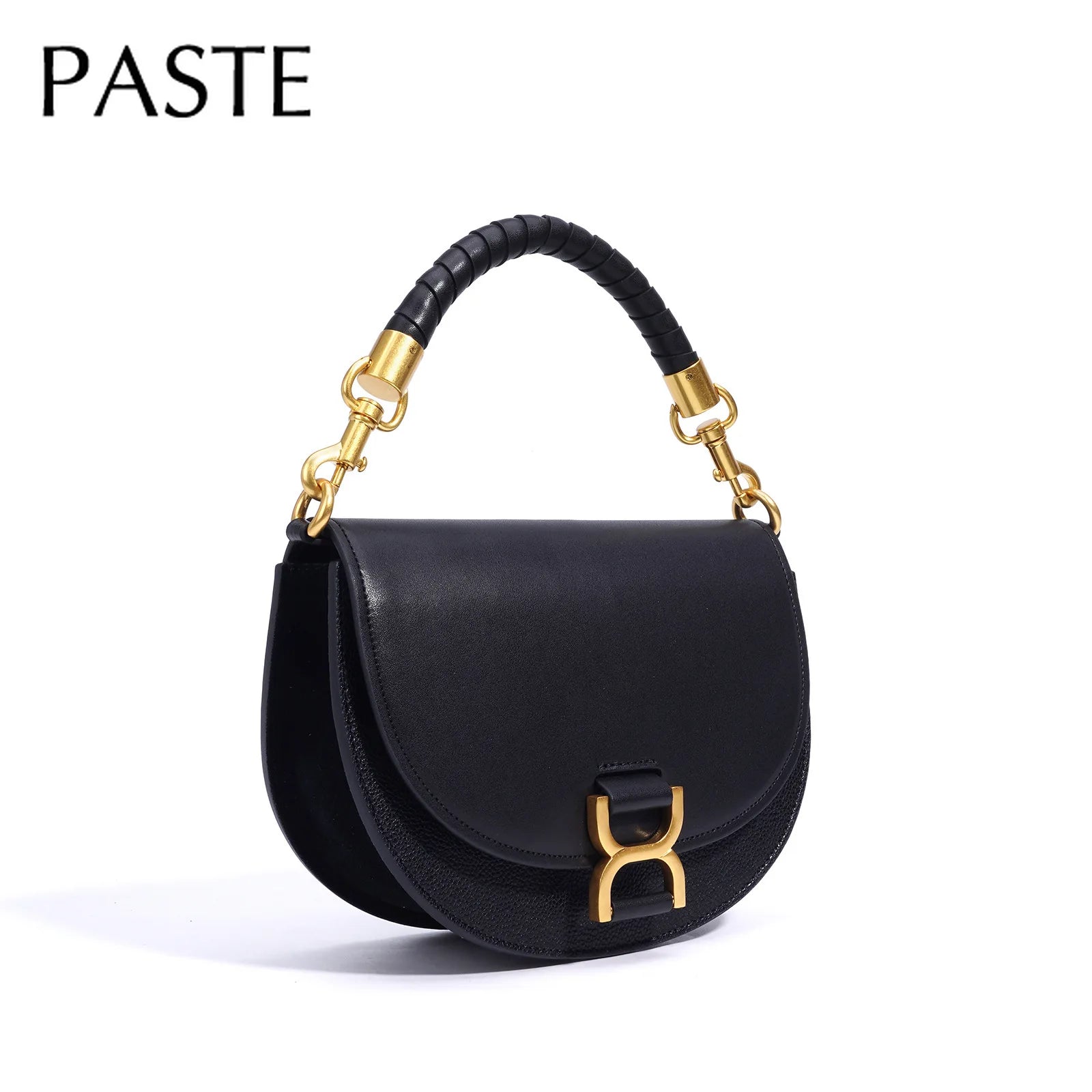 Vintage Half Moon Round Shape Saddle Bag Small Hard Cow Leather Women Messenger Bag Handmade Weave Handle Handbag