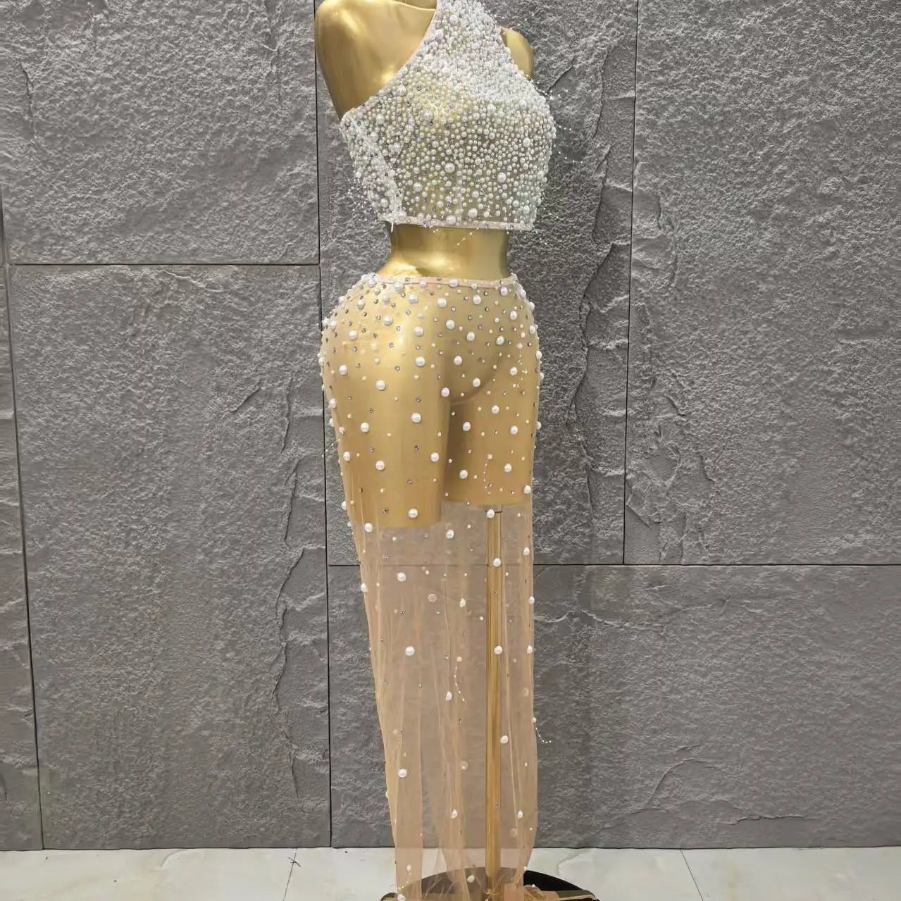 STOCK Fashion Women Sleeveless Sexy Beading Mesh See Through 2 Pieces Bodycon Dress Celebrate Nightclub Party Outfit Vestido