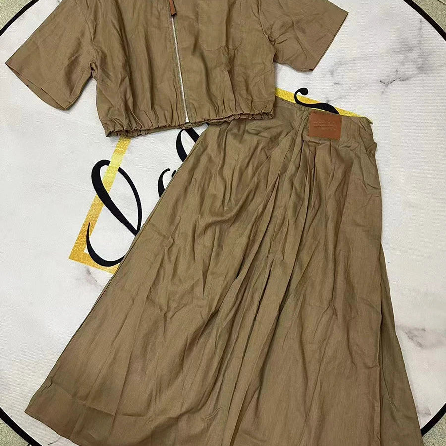 Solid Causal Two Piece Sets for Women Lapel Short Sleeves Spliced Zipper Top High Waist Skirt Set Female Fashion