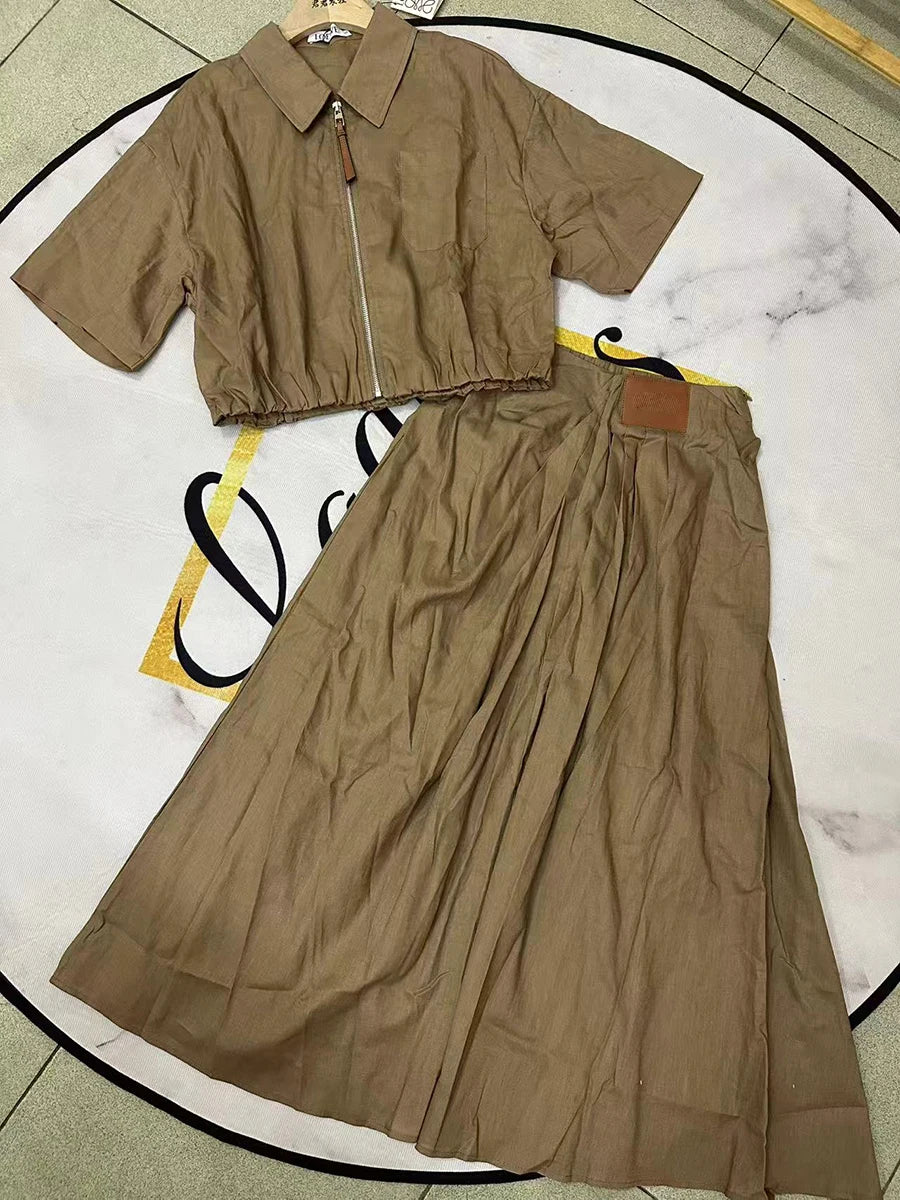 Solid Causal Two Piece Sets for Women Lapel Short Sleeves Spliced Zipper Top High Waist Skirt Set Female Fashion