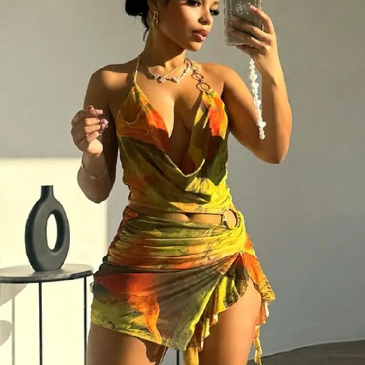 Joskaa Colorful Print Mesh Cutout Irregular Dress Women Hipster Sexy Halter Backless Split Slim Mini Dresses Holiday Wear