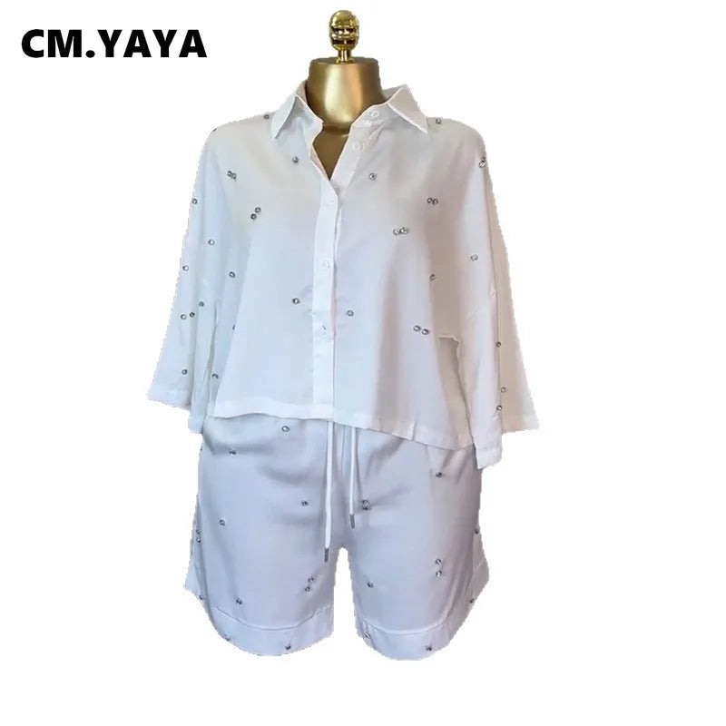 CM.YAYA Beading Women's Set Long Sleeve Shirt and Shorts Suit 2025 Summer OL Fashion Two 2 Piece Sets Outfit Tracksuit