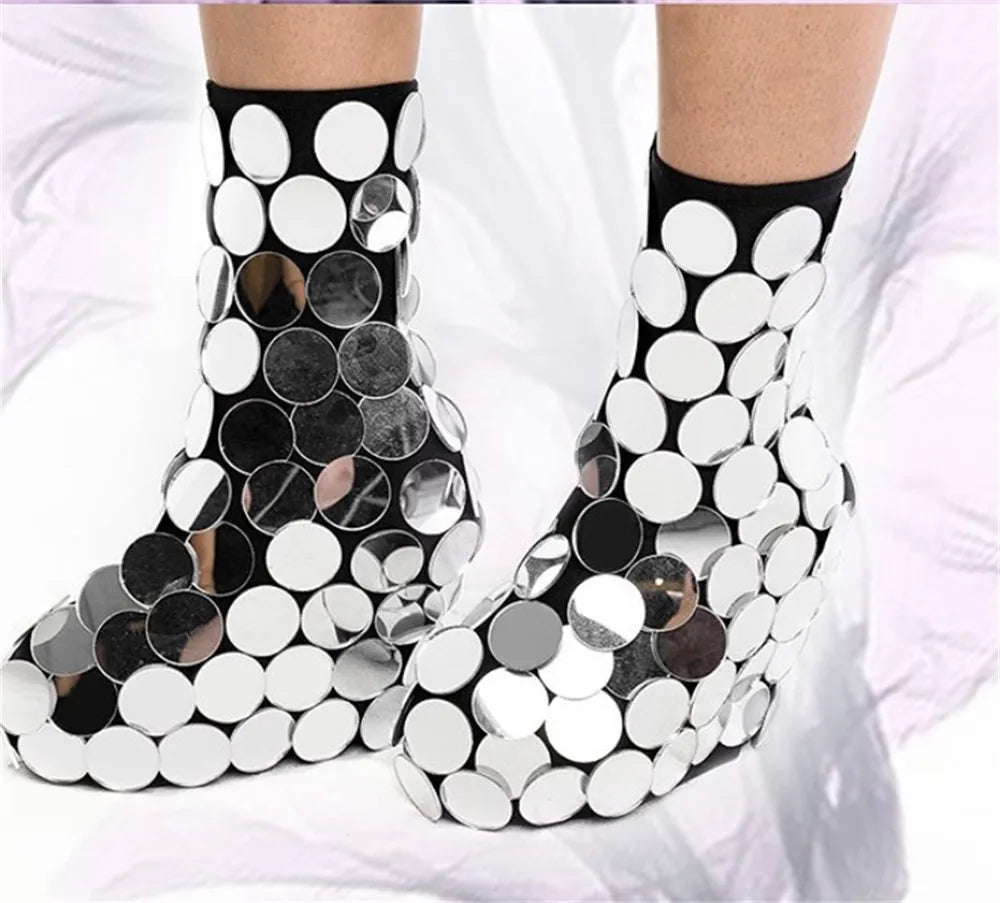 New Women Stage Show Costume Over Knee Boots Folk Dance Singer Party Show Mirror Shoes Nightclub Gogo Mirror boot cocovers Silver-Short Boots1 One Size