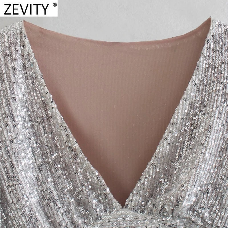 Women Sexy Deep V Neck Short Sequined Smock Blouse Lady Chic Pleats Puff Sleeve Party Wear Crop Shirts Blusas Tops