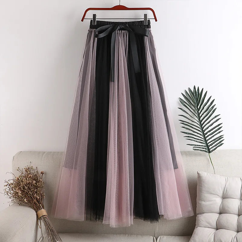 Spring Summer Gradient Color Tulle Skirts Women Fashion Bow Patchwork A-line Skirt Female Long Sweet Party Skirts