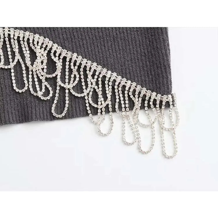 Women Fashion V Neck Ribbing Knitting Short Blouse Female Hem Diamond Tassel Slim Shirt Female Chic Blusas Tops