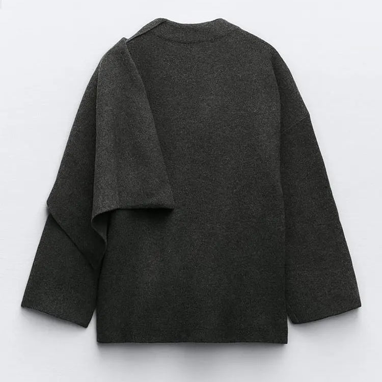 Autumn Short Gray Knitted Cape Coat with Scarf Women Fashion Long Sleeve Loose Cardigan Female Winter Elegant Chic Streetwear