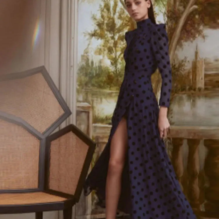 Elegant Polka Dot Printed Women's Slit Maxi Dress Chic Mock Neck Shoulder Pads Backless Robe Spring Female Fashion Vestidos