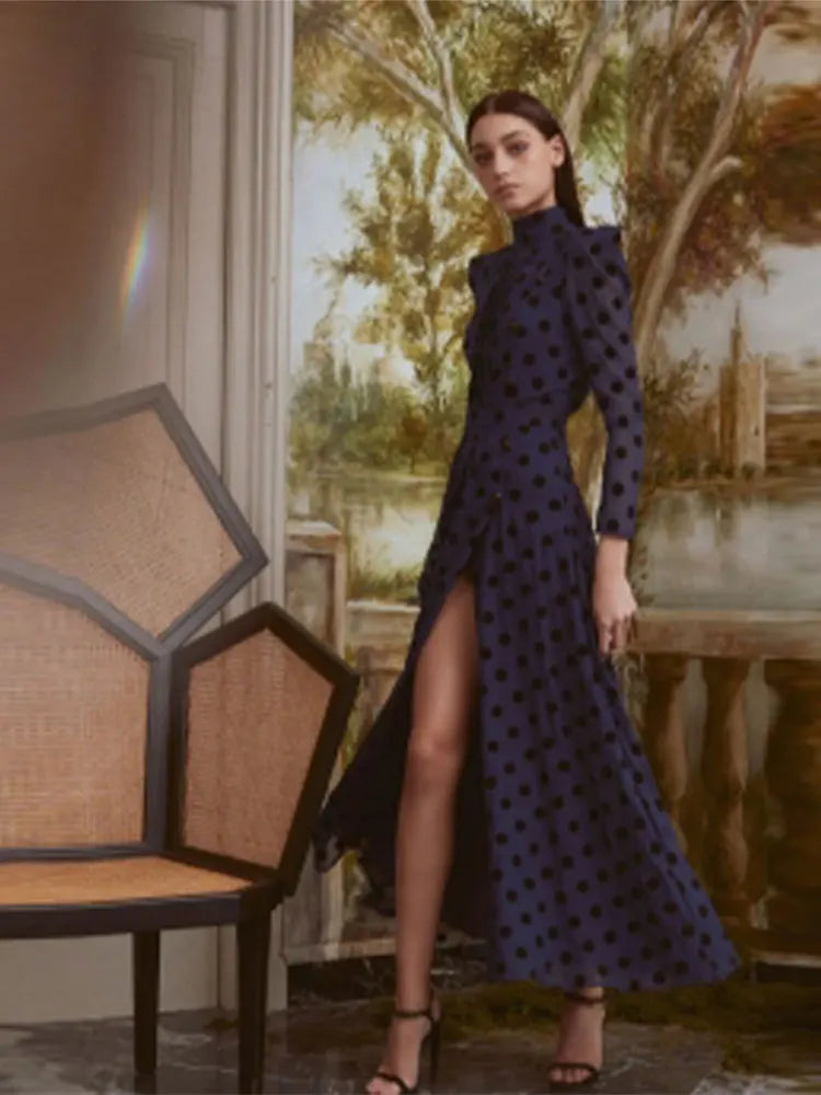 Elegant Polka Dot Printed Women's Slit Maxi Dress Chic Mock Neck Shoulder Pads Backless Robe Spring Female Fashion Vestidos