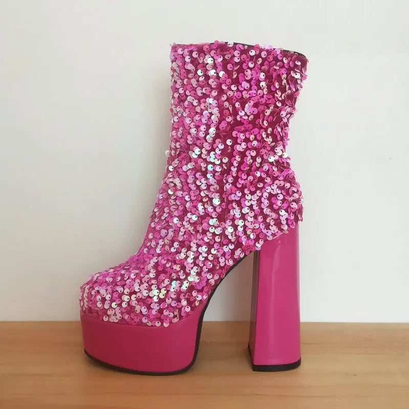 New Fashion Sequined Women Boots Platform Square High Heel Ankle Boots Autumn Winter Female Punk Boots Purple Blue Pink Gold