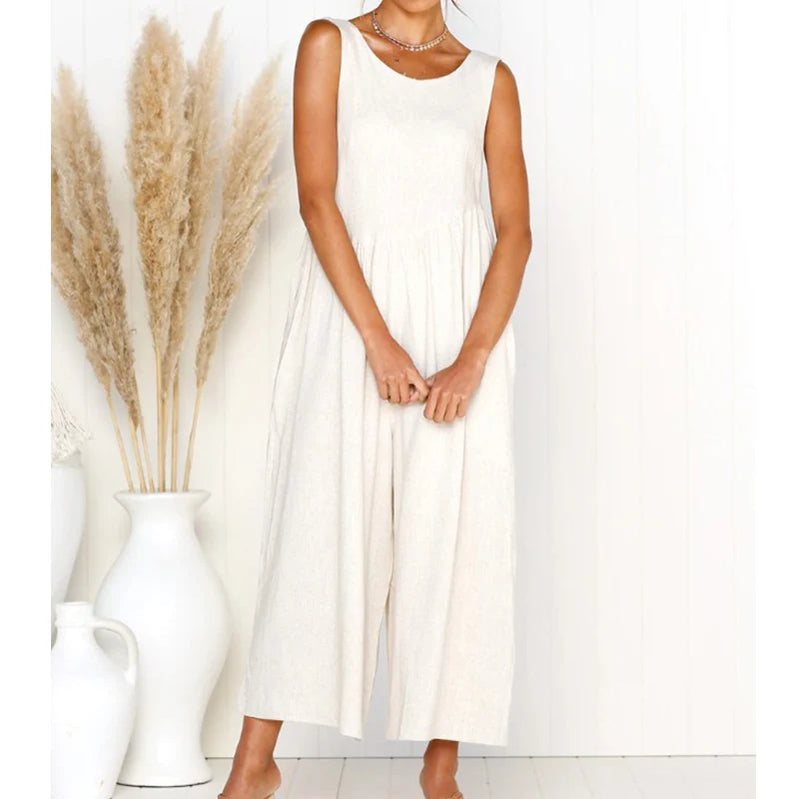 Women Casual Loose Long Jumpsuit Summer Solid Strap Wide Leg Jumpsuit Tie Up Backless Solid Color Vacation macacao feminino WHITE