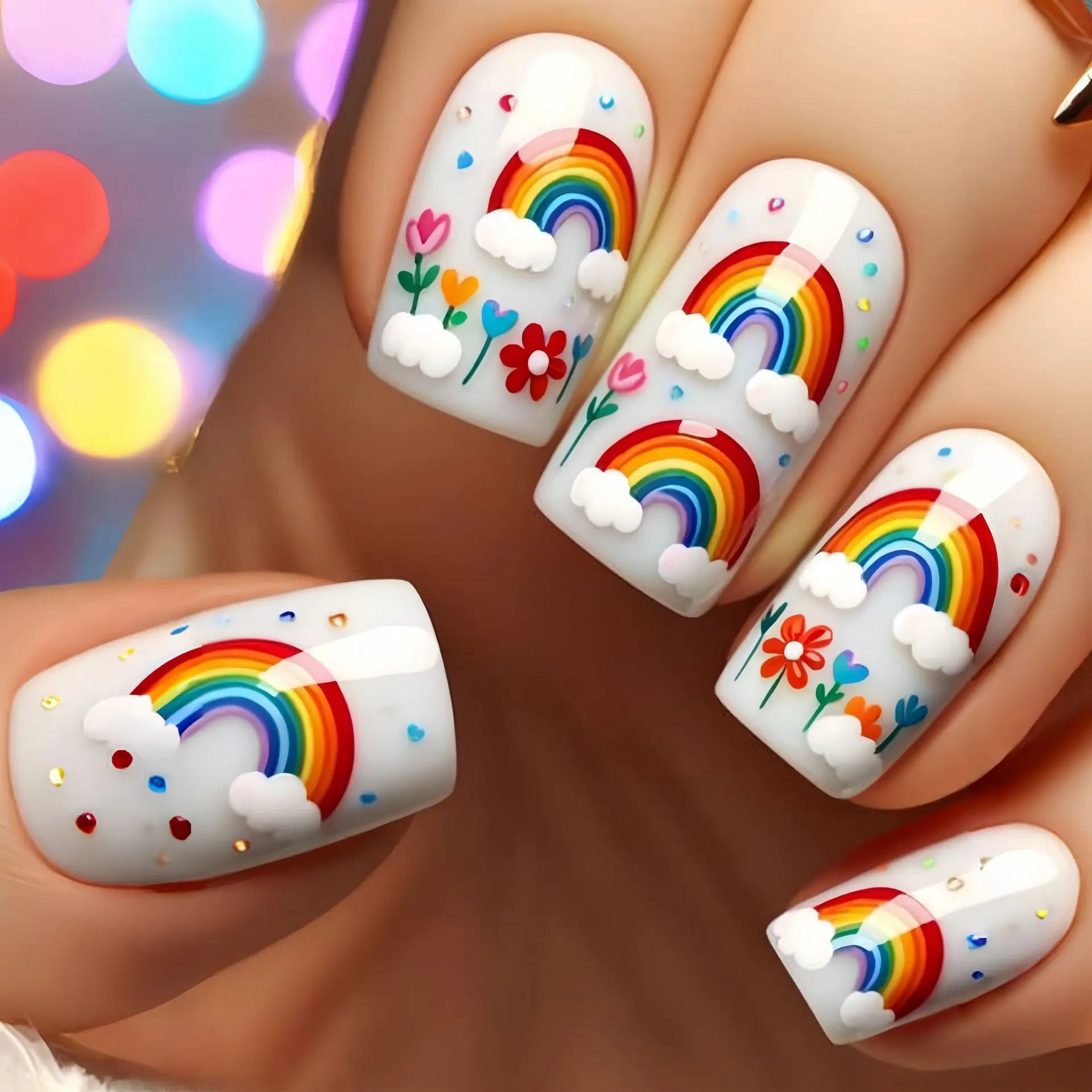 24Pcs Pink Sweet Press on Nails Square Head Colorful Cute Wearing Nail Art with Candy Dessert Design Removable Fishion Manicure