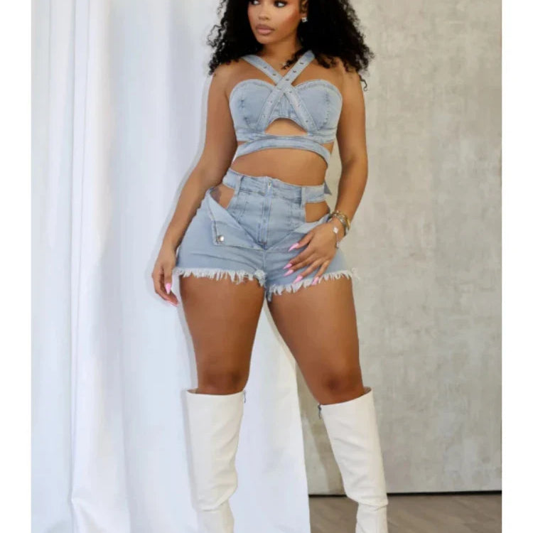 CM.YAYA Fashion Denim Cutout Women's Set Wrap Strap Crop Top and Shorts Jeans 2025 Summer Two 2 Piece Sets Outfits Tracksuit