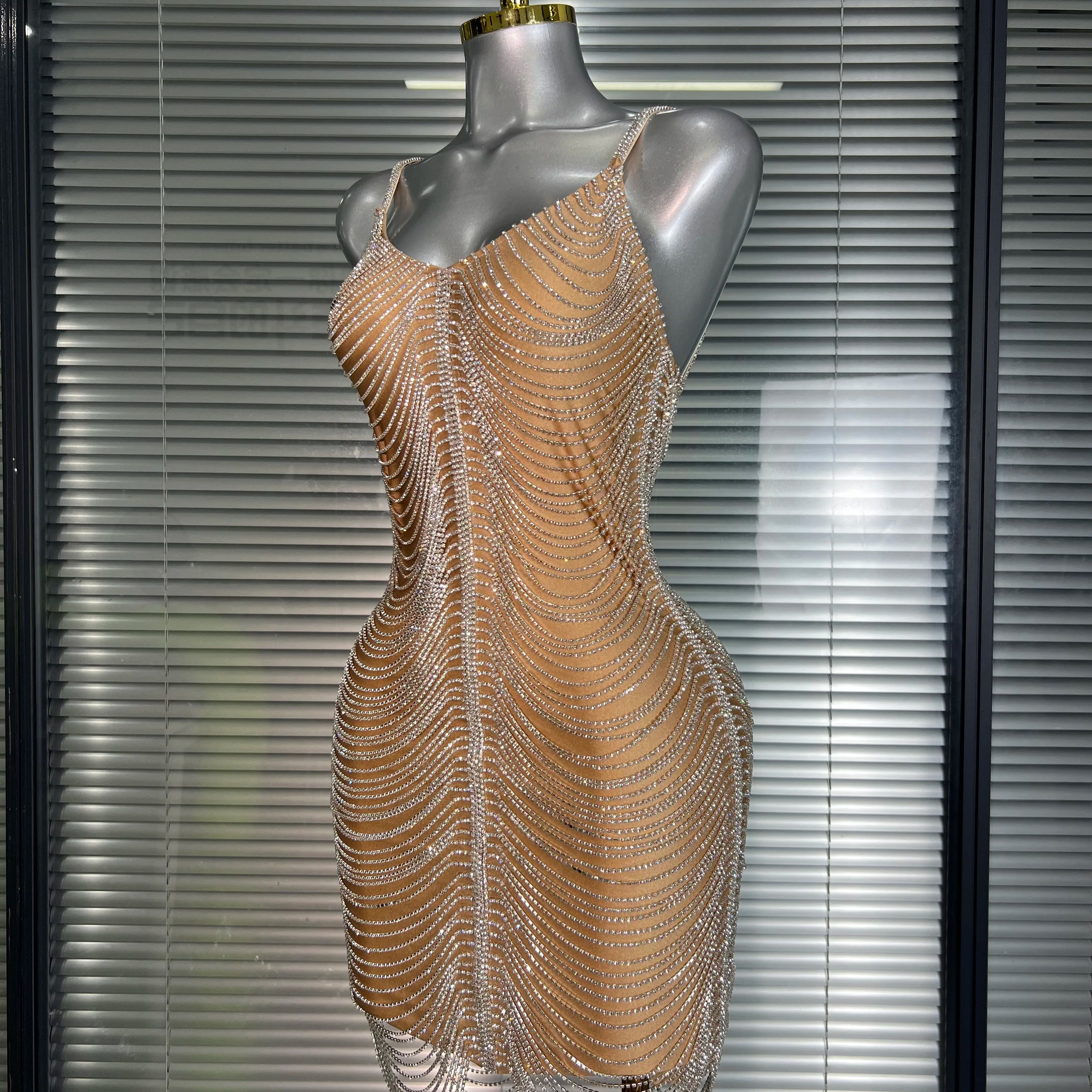 Ins Celebrity New Women Sexy Khaki Crystal Shining Mini Dress Stage Costume Dancer Singer Night Club Sparkly Party Dress