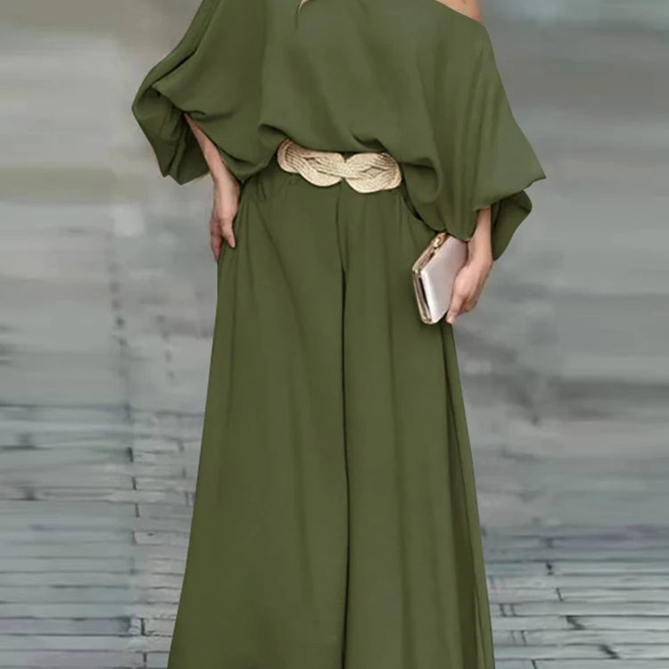 Plus Size VONDA Women Outfits Casual Slanted Collar Tops Elastic Waist Wide Leg Pant Sets 2024 Elegant Solid Pants Suits 2PCS