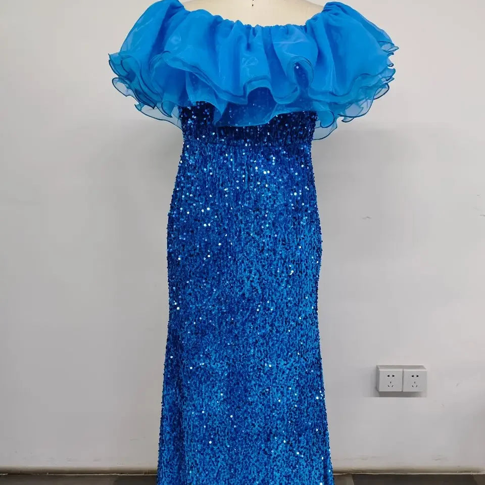 Plus Size Women Party Dresses New Fashion Strapless Mesh Splicing Elegant Sequin Wedding Dresses Large Size Female Evening Dress