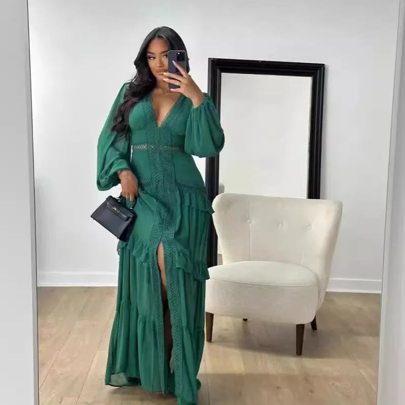 CM.YAYA Women V-neck Full Sleeve Ruffles Lace Long Maxi Dress 2025 Spring Beach Holiday Party Sexy Street Vestidos Sexy Dresses