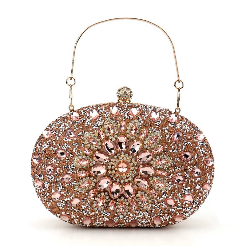 Diamonds Purple Color Women Evening Bags Flower Rhinestones Egg Design Fashion Female Clutch Handbags YM3108champagn