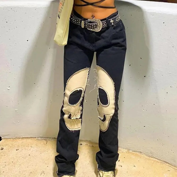 Skull Vintage Printed Jeans Women High Waist Y2K Streetwear 90S Baggy Jeans Pants Denim Trousers Harajuku Cargo Straight Jean black