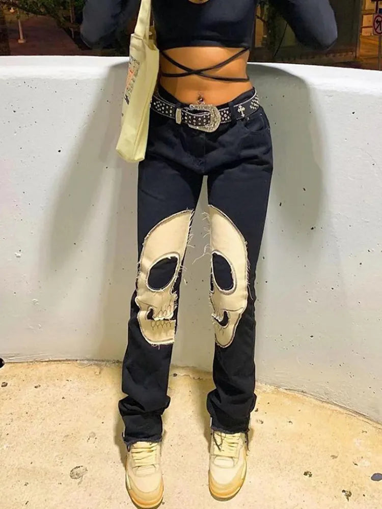Skull Vintage Printed Jeans Women High Waist Y2K Streetwear 90S Baggy Jeans Pants Denim Trousers Harajuku Cargo Straight Jean black