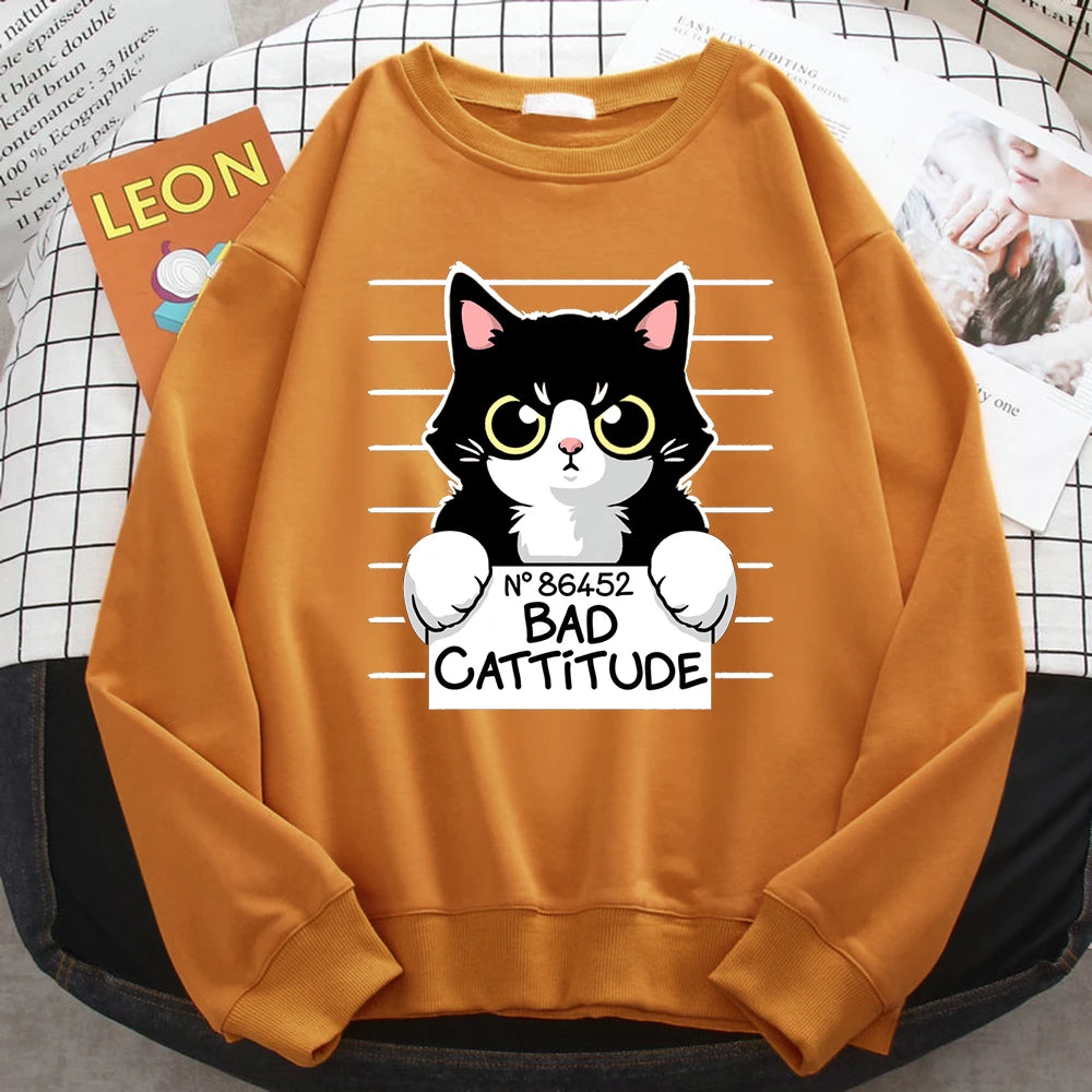 Autumn Winter Womens Pullover No86452 Bad Cattitude Funny Cat Print Hoodie Fleece All-Math Sweatshirts Warm Crewneck Ladies Tops Khaki