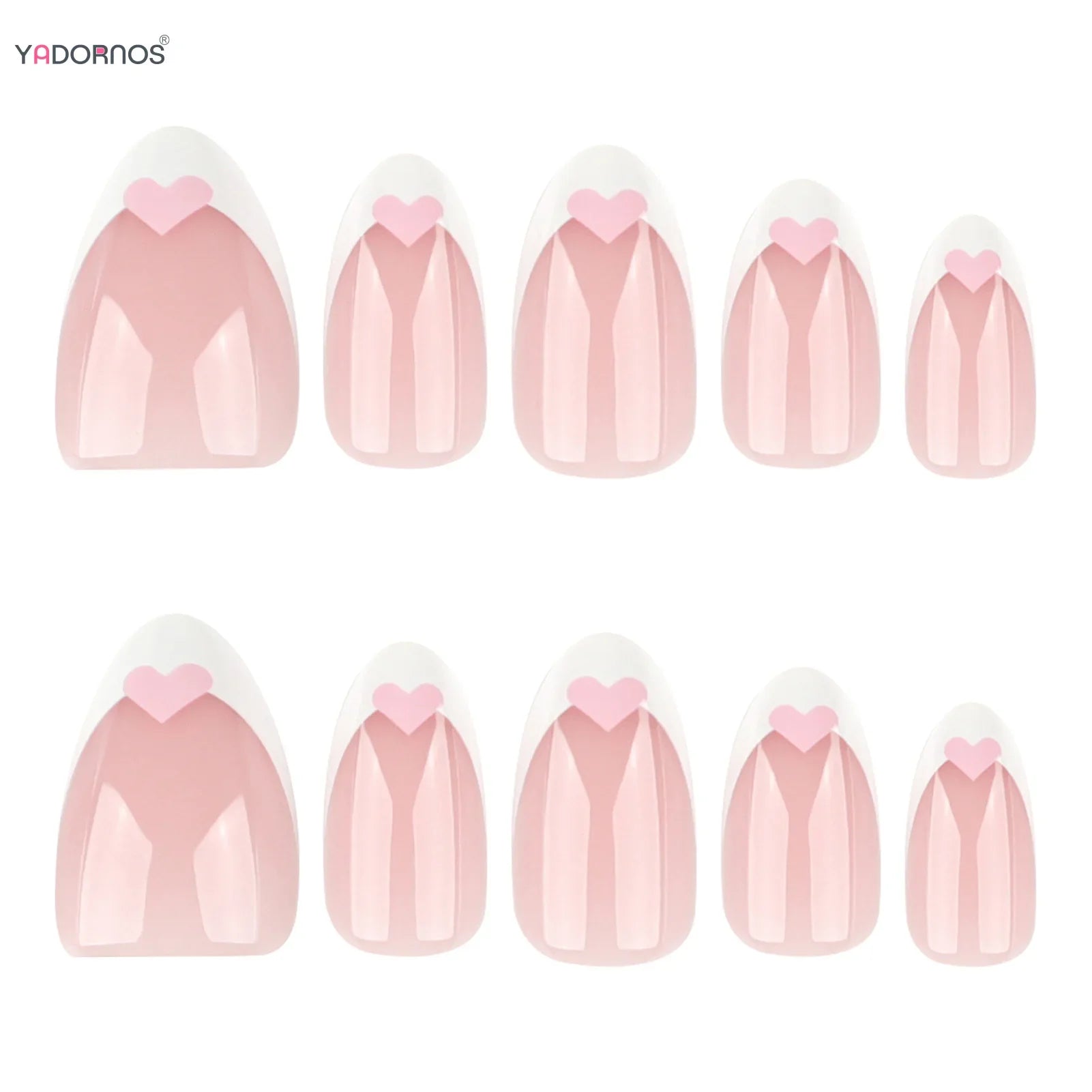 Short Almond Fake Nails 24Pcs White French Press On Nails Pink Love Heart Printed Women Girls Valentine's Day Charm Manicure