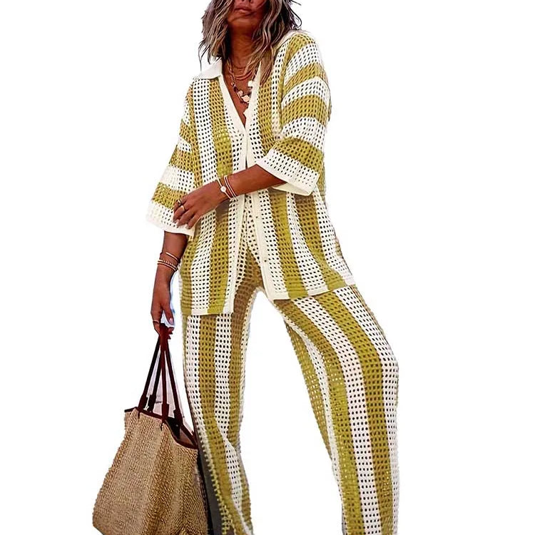 Summer Outfits for Women Vacation Hollow Out Sweater Shirt and Trouser Lady Casual Sexy Plus Size Sets 2 Piece Pants Sets Wide